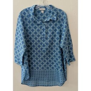 Coldwater Creek Women's Top XL Blue Lattice Pattern No Iron Collar 3/4" Sleeve